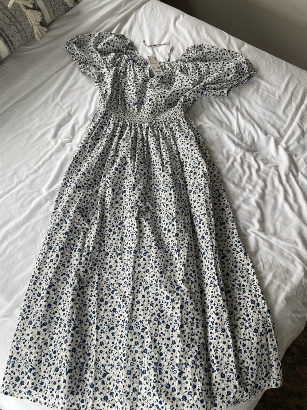 Uniqlo White Midi Dress with Blue Floral Print